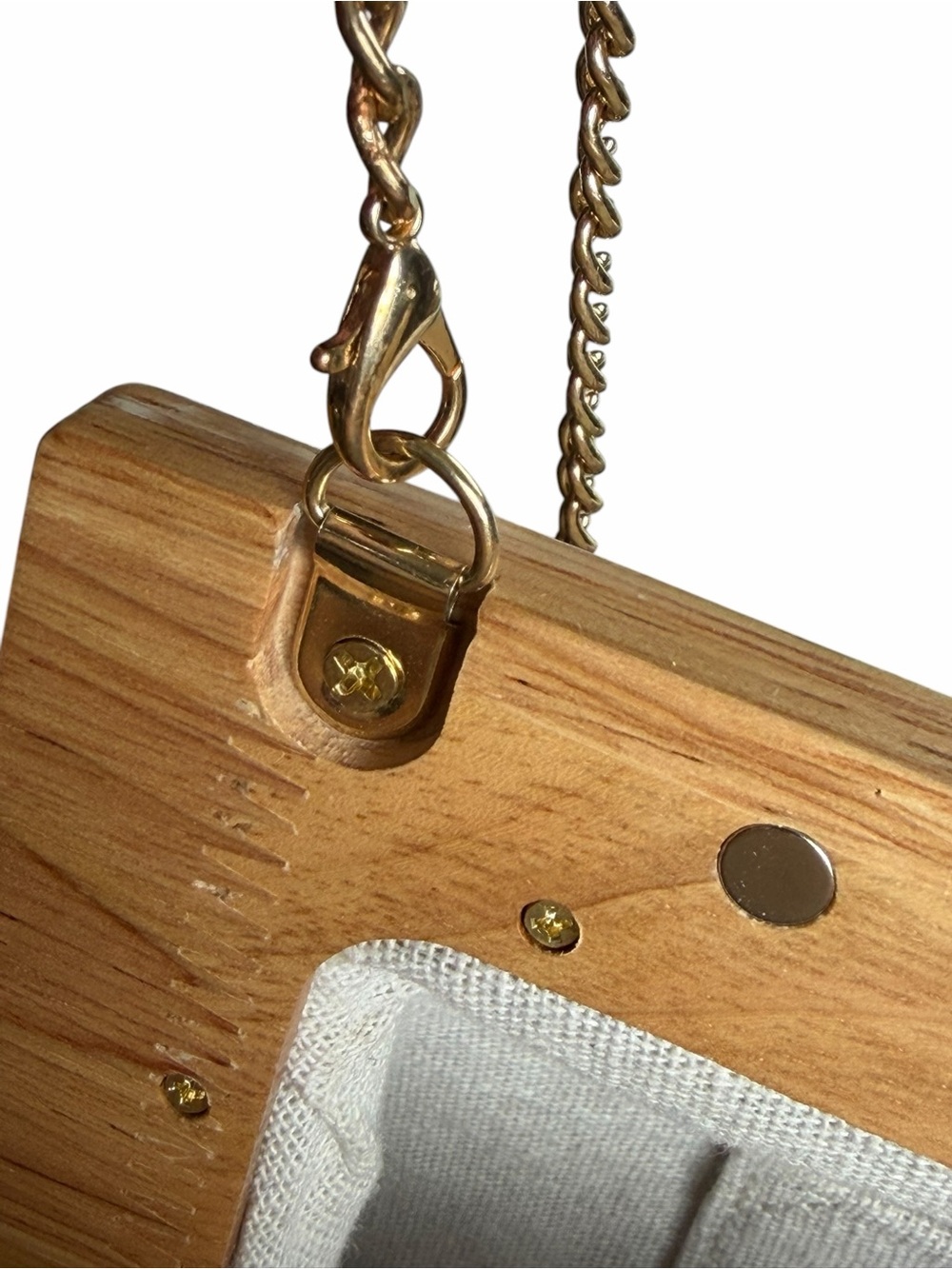 Haute Hippie Wood Frame Cream Woven Clutch Gold Chain Shoulder Bag Neutral Boho - Picture 5 of 11